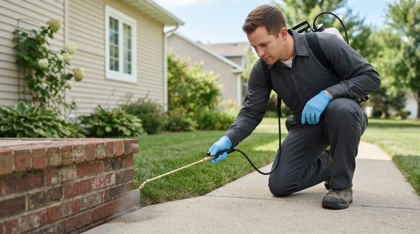 Pest control technician treating a home near Madill, OK