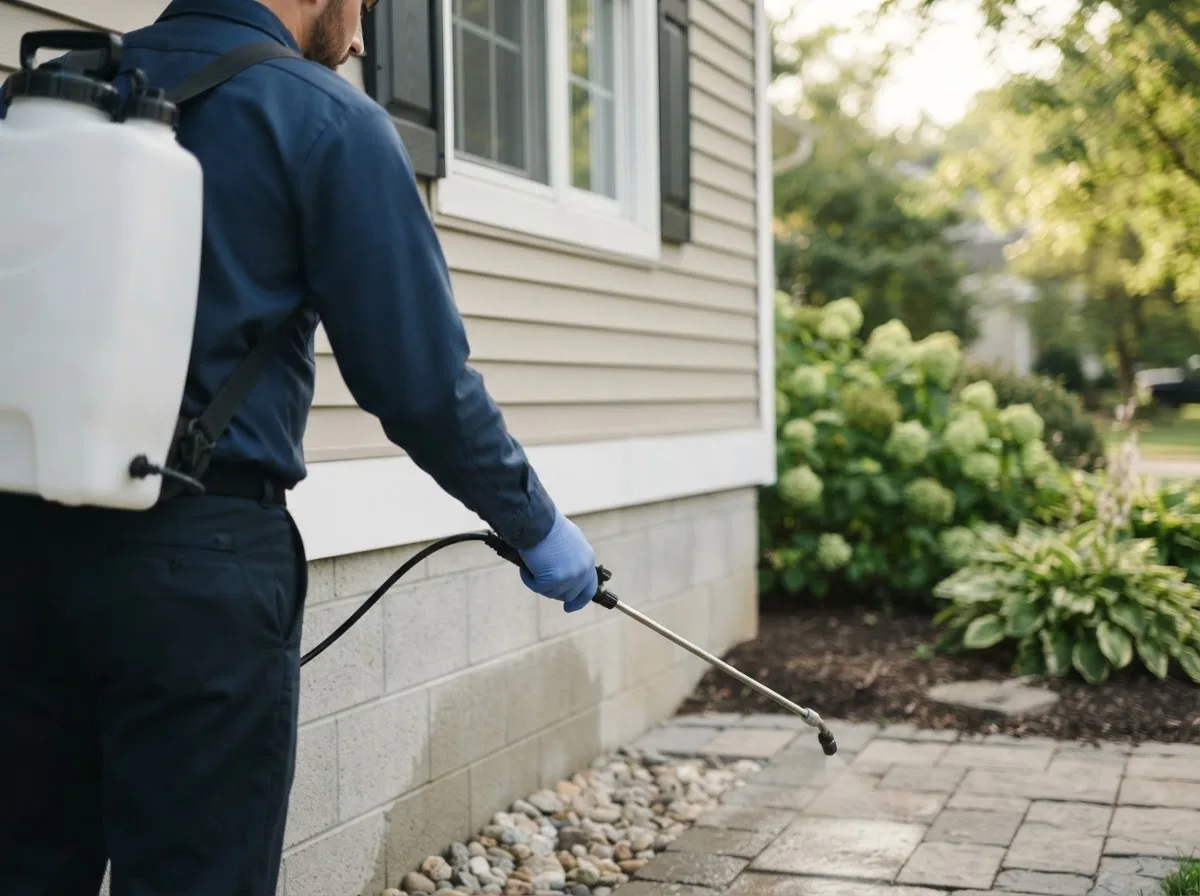 Pest control technician inspecting a home in Madill, OK